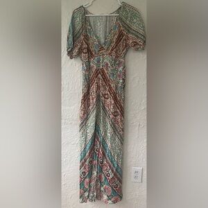 Lovestitch Boho Dreams Maxi Dress, V-Neck, Puff Sleeves, 100% Rayon; size S